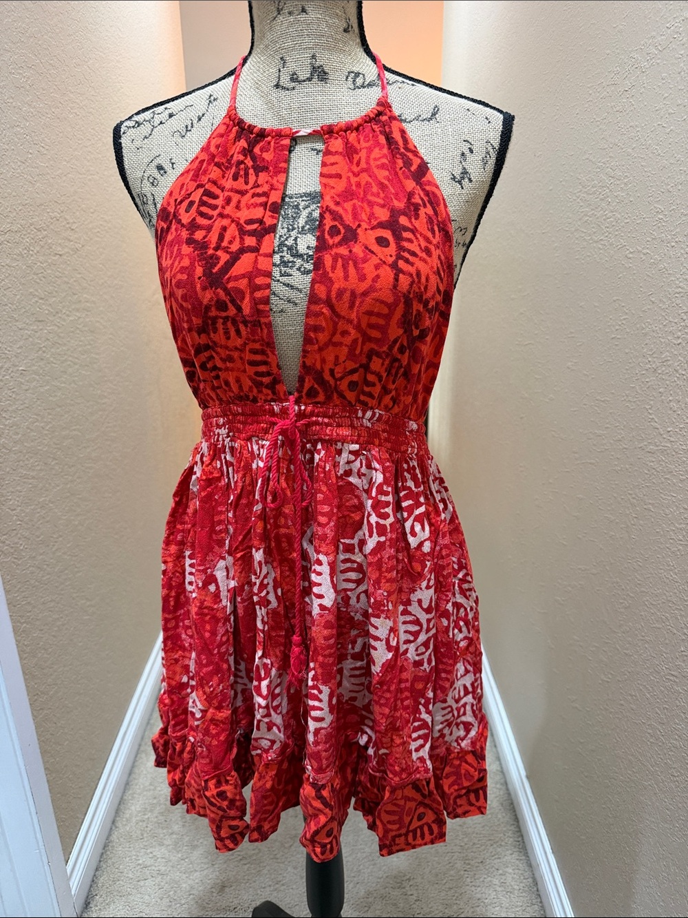 Free People Red Printed Backless Halter Mini Dress - Picture 5 of 7